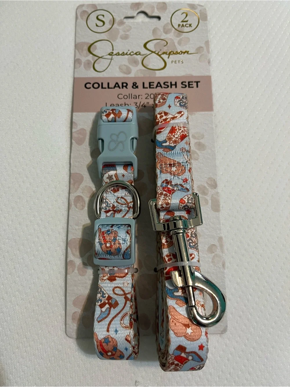 Dog Light Blue Cowboy Print Collar & Leash Set NWT